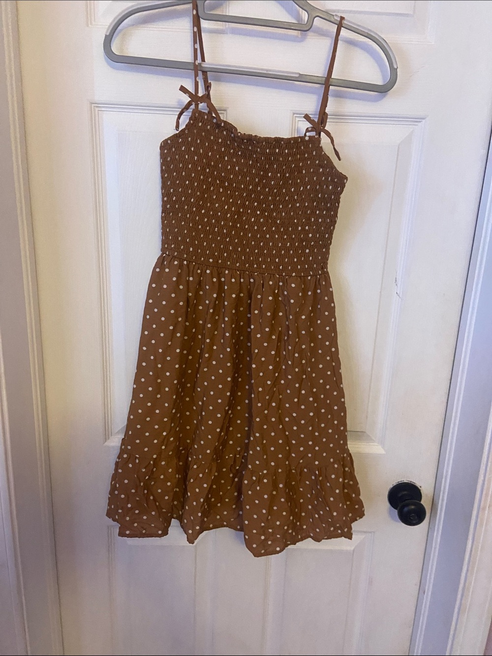 Olive & Oak Brown Polka Dot Smocked Sundress with Ruffle Hem